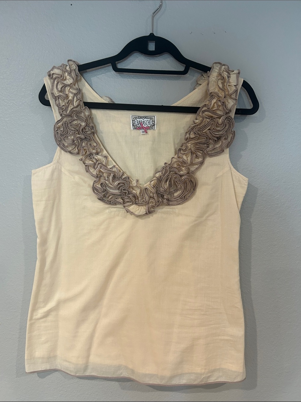 Yoana Baraschi Cream Tank Top with Taupe Ruffle Trim